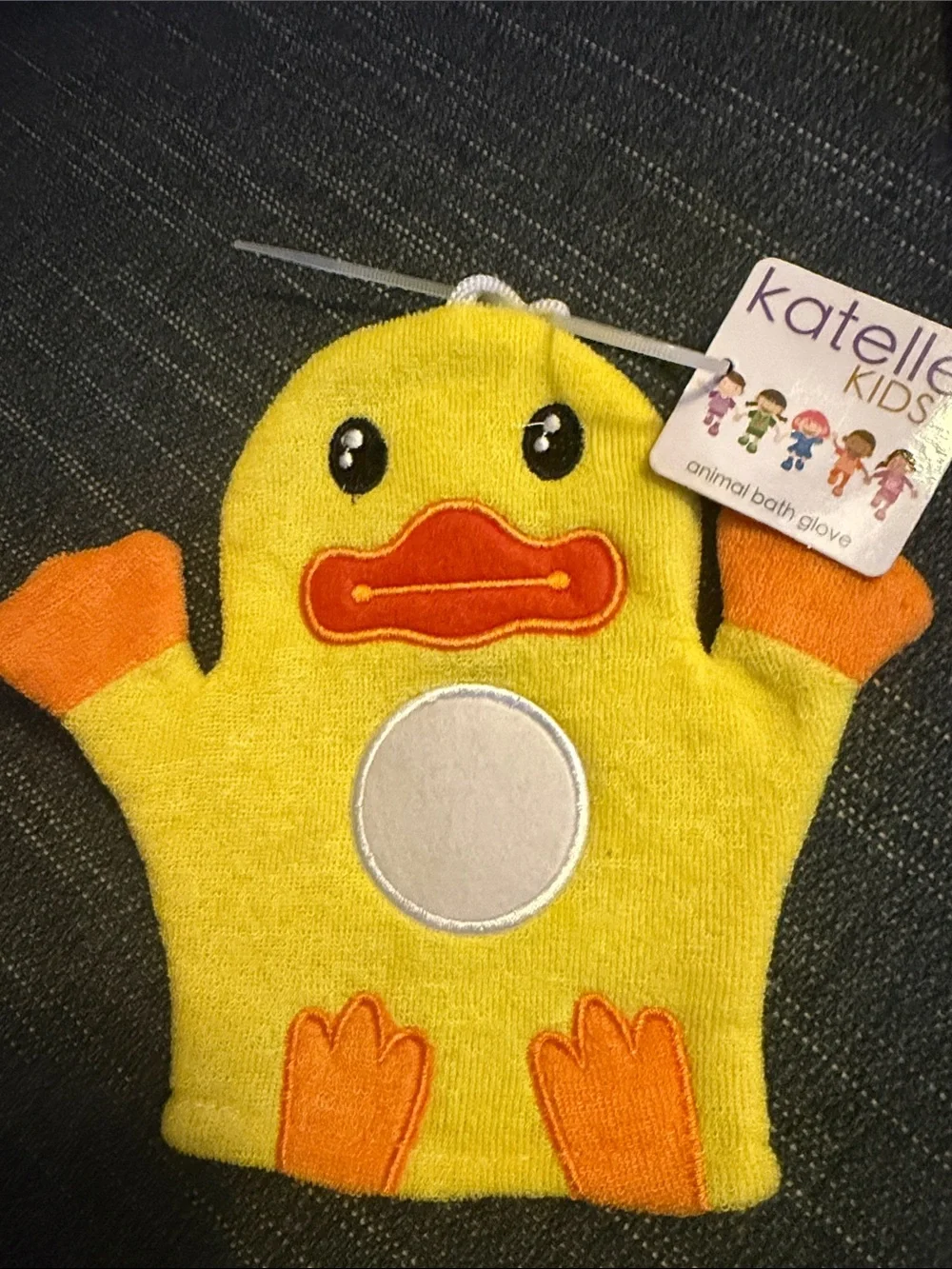 Yellow Duck Bath Glove with Orange Accents